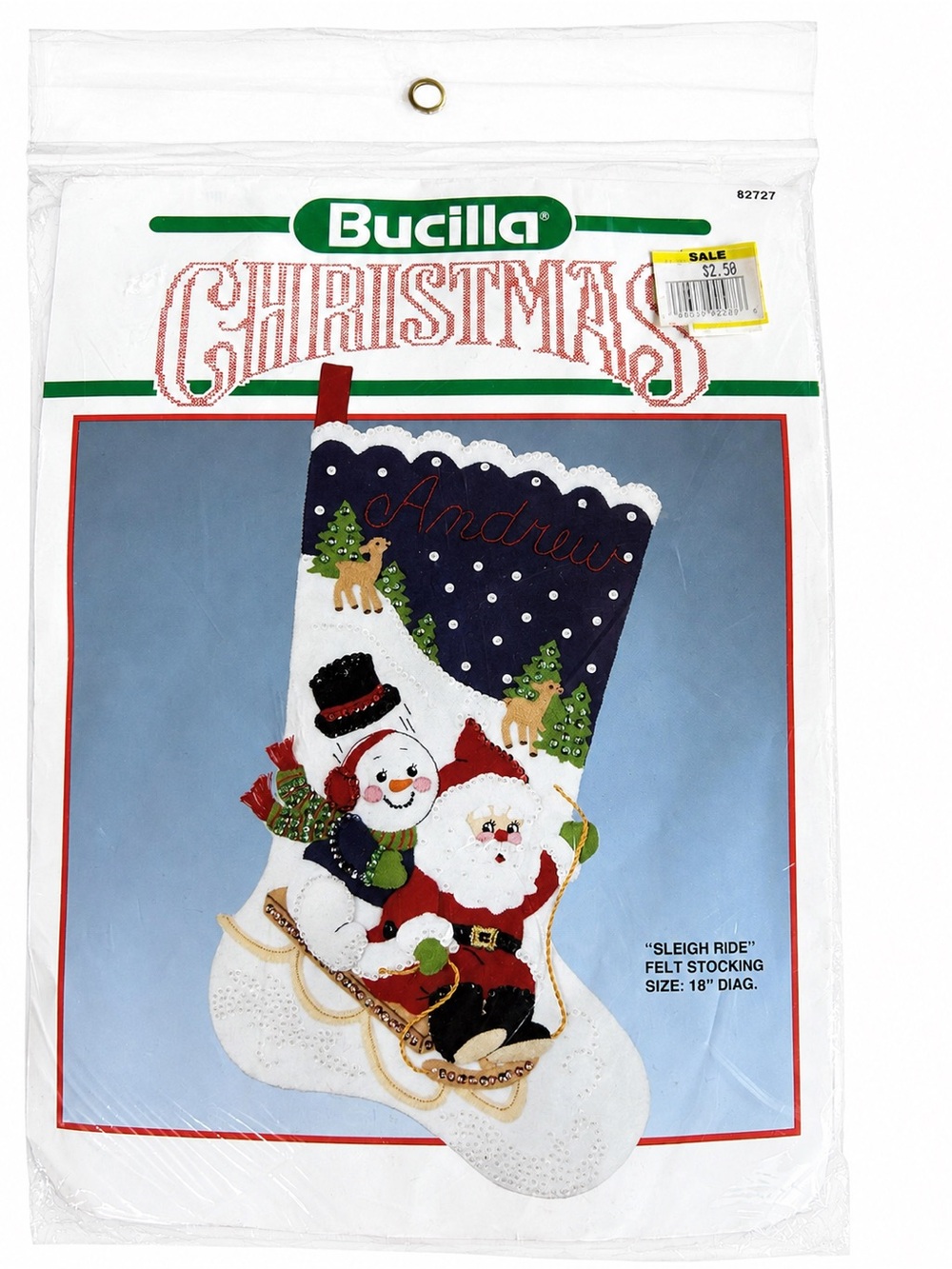 Vintage Bucilla Navy, White and Red 'Sleigh Ride' Felt Christmas Stocking Kit